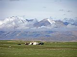 Tibet Kailash 04 Saga to Kailash 08 Old Drongpa Nepal Mountains and Nomad Camp Just before Old Drongpa, I took this photo of a nomad camp with mountains to the west of Mustang on the Nepal border in the background.